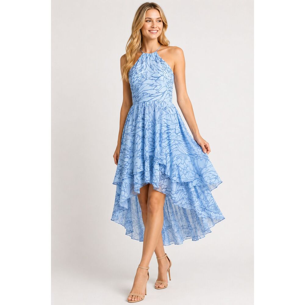 Belle Badgley Mischka Paloma Dress Blue Floral Hi-Low Halter Size 12